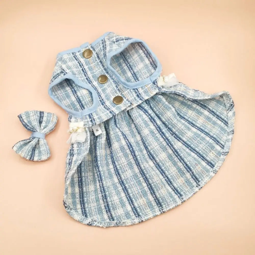 Pet Clothes Cute Puppy Plaid Dress Breathable Thin Design Cat Bow Pearl Coat Soft Dog Vest Autumn Winter