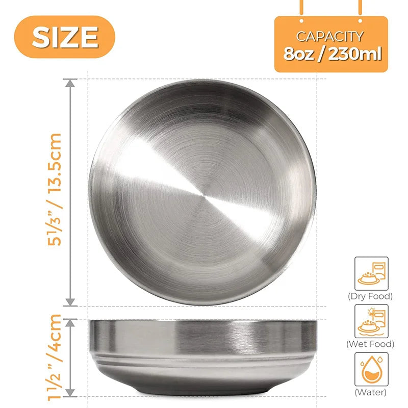 2 pcs Food Grade Stainless Steel Cat Bowls, Shallow and Wide Metal Cat Food and Water Feeder Durable Pet Feeding Dishes for Cat