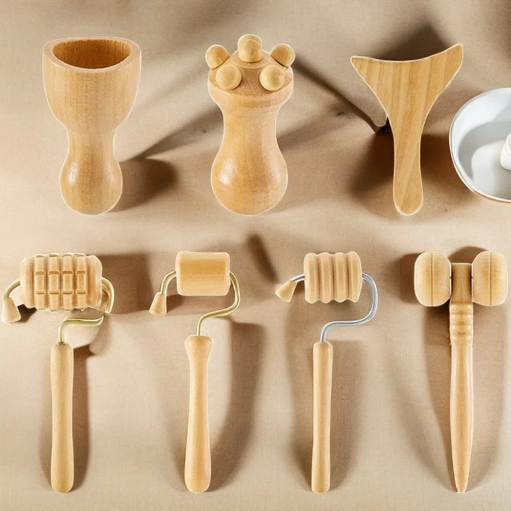 6/7/8Pcs/Set Wooden Facial Massage Tools Scraping Board Roller Face Massager Kit Durable Anti-Aging Facial Care Kit Skin Care