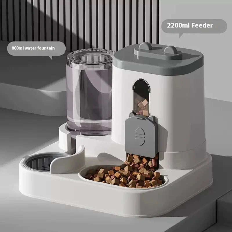 E 1Automatic Cat Feeder & Water Fountain Set - Food Grade Plastic - For Cats & Dogs - Gravity Feed Design Best