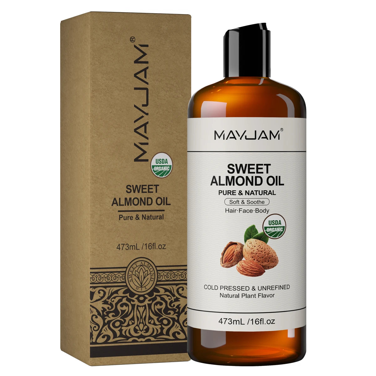 MAYJAM Pure Organic Moroccan Argan Oil Massage On Face, Hair, Body Sweet Almond Oil Cold Pressed USDA Certified 473ml Face Oil