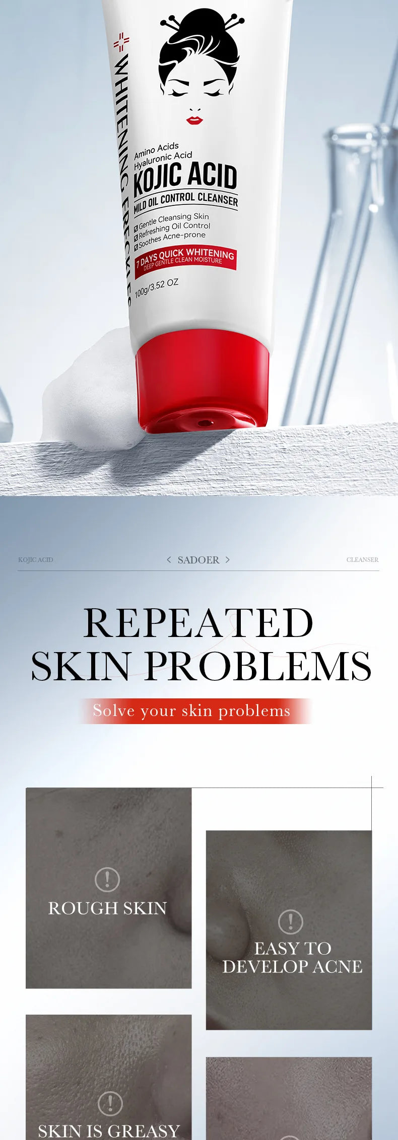 SADOER Kojic Acid Facial Cleanser Face Wash Foam Facial Cleansing Mossee Moisturizing Brightening Facial Skin Care Products