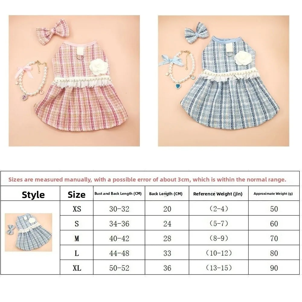 Pet Clothes Cute Puppy Plaid Dress Breathable Thin Design Cat Bow Pearl Coat Soft Dog Vest Autumn Winter