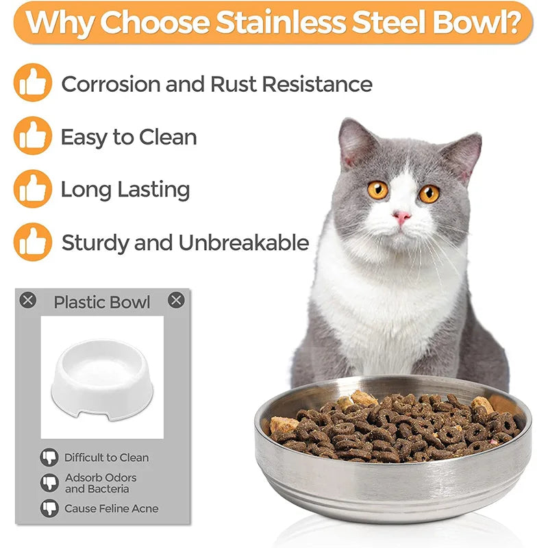 2 pcs Food Grade Stainless Steel Cat Bowls, Shallow and Wide Metal Cat Food and Water Feeder Durable Pet Feeding Dishes for Cat