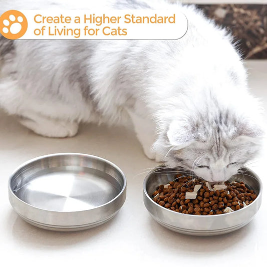 2 pcs Food Grade Stainless Steel Cat Bowls, Shallow and Wide Metal Cat Food and Water Feeder Durable Pet Feeding Dishes for Cat