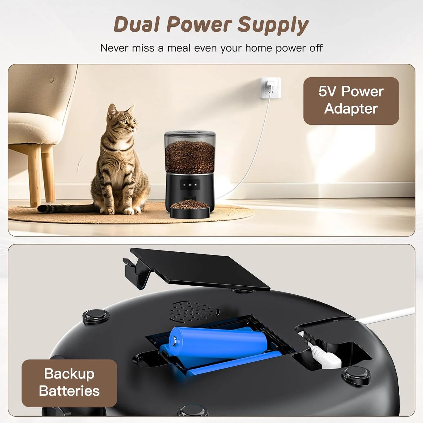 Automatic Cat Feeders, 4L Timed Cat Dry Food Dispenser, Dual Power Supply, Programmable Portion Size, Auto Pet Feeder