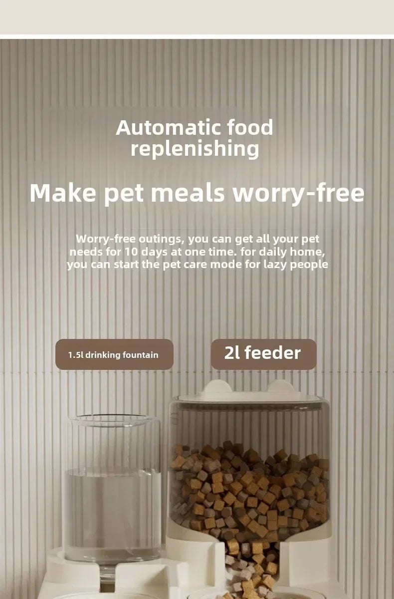 8R 1Automatic Cat Feeder & Water Fountain Set - Food Grade Plastic - for Cats & Dogs - Gravity Feed Design