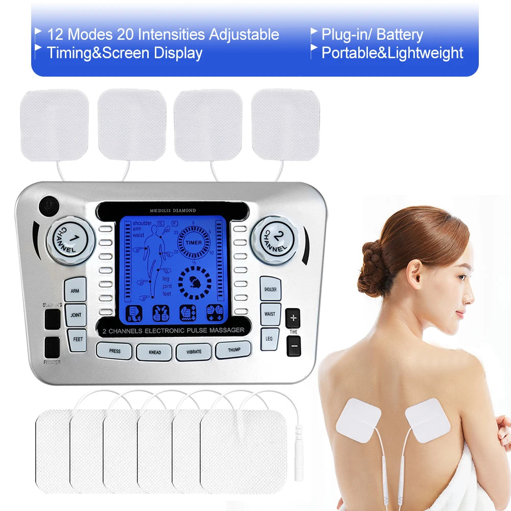 12 Modes EMS TENS Electric Pulse Meridian Therapy Massager Acupuncture Physiotherapy Muscle Stimulator Body Relax Health Care