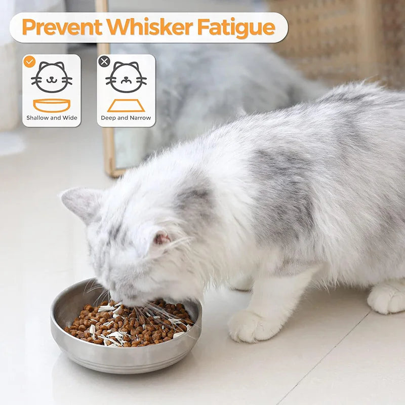 2 pcs Food Grade Stainless Steel Cat Bowls, Shallow and Wide Metal Cat Food and Water Feeder Durable Pet Feeding Dishes for Cat