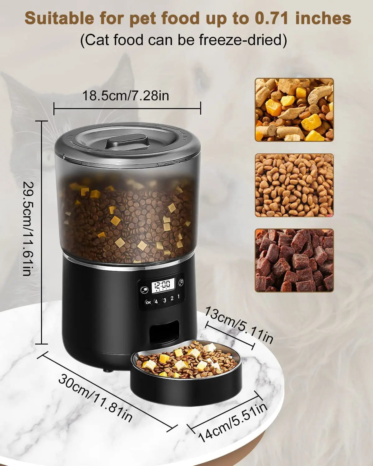 Automatic Cat Feeders, 4L Timed Cat Dry Food Dispenser, Dual Power Supply, Programmable Portion Size, Auto Pet Feeder