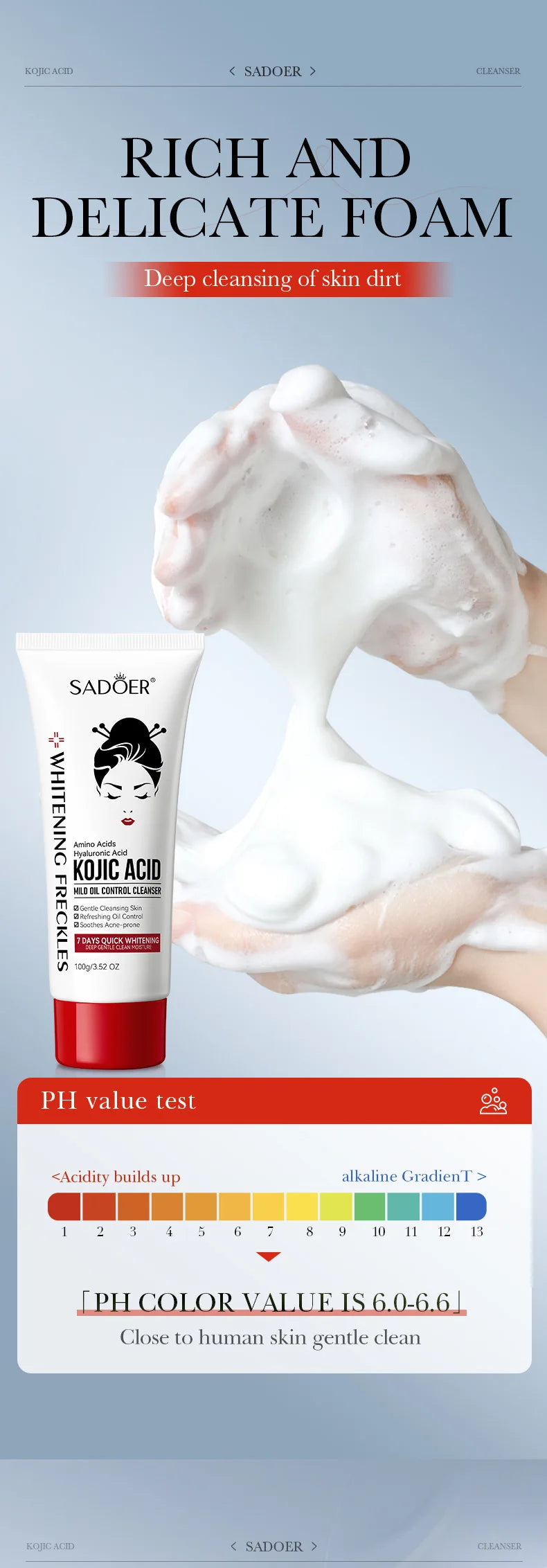 SADOER Kojic Acid Facial Cleanser Face Wash Foam Facial Cleansing Mossee Moisturizing Brightening Facial Skin Care Products