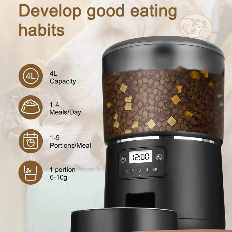 Automatic Cat Feeders, 4L Timed Cat Dry Food Dispenser, Dual Power Supply, Programmable Portion Size, Auto Pet Feeder