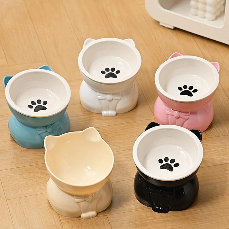 ♥Cat Dog Food Water Bowl-Raised Pet Feeder with Non-Slip Base & Paw Print Design,Neck Protection Bowl for Small Medium Pets