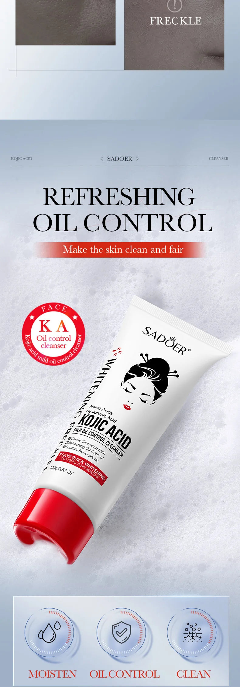 SADOER Kojic Acid Facial Cleanser Face Wash Foam Facial Cleansing Mossee Moisturizing Brightening Facial Skin Care Products