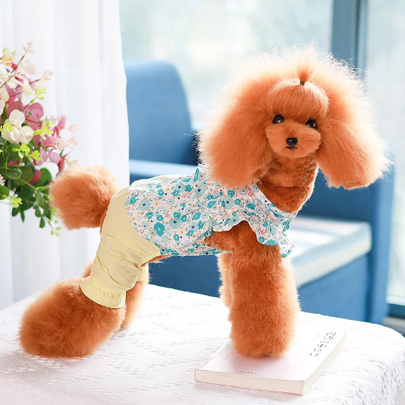 Pet Clothes Cute Dog Cat JumpSuit Spring Summer Floral Four-legged Clothing Flying Sleeve Vest Pajamas Soft Puppy Pants Shirt