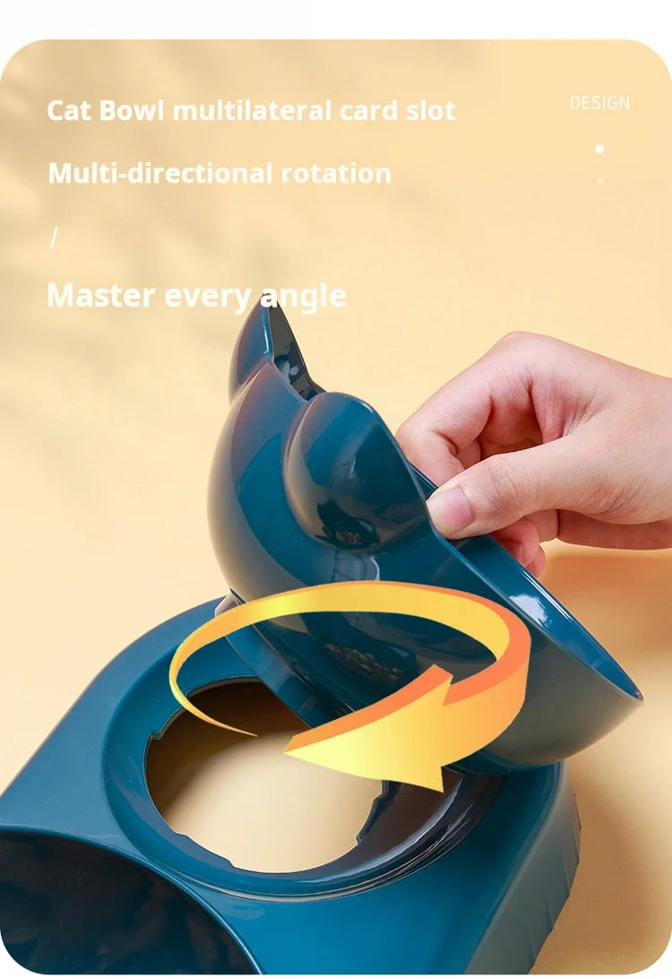 Pet Bowls With Water Feeder, 3 In 1 Ear Design Tilted Cat Water And Food Bowl Set With AGravity Water Bottle For Neck Protection