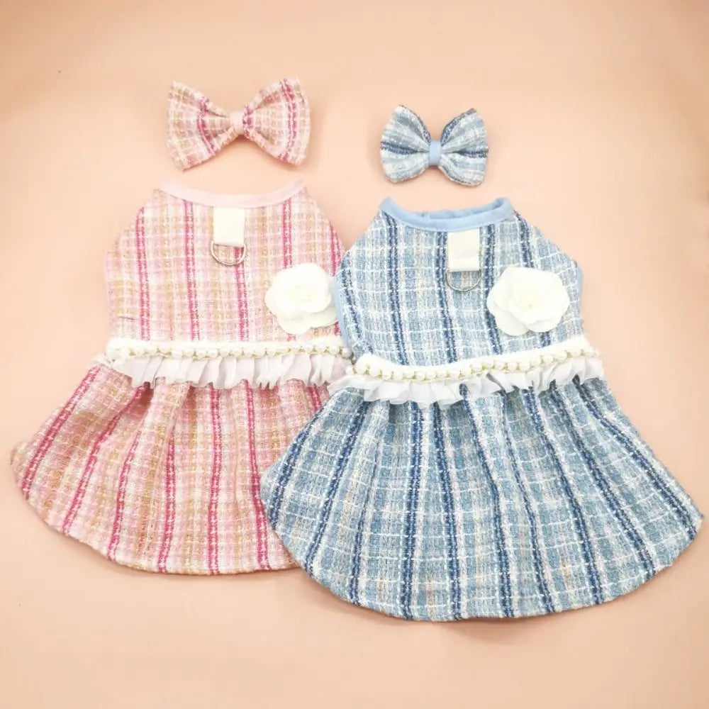 Pet Clothes Cute Puppy Plaid Dress Breathable Thin Design Cat Bow Pearl Coat Soft Dog Vest Autumn Winter