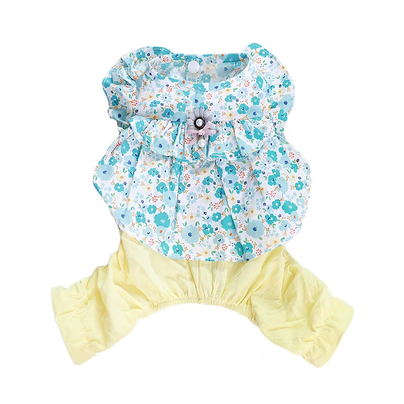 Pet Clothes Cute Dog Cat JumpSuit Spring Summer Floral Four-legged Clothing Flying Sleeve Vest Pajamas Soft Puppy Pants Shirt