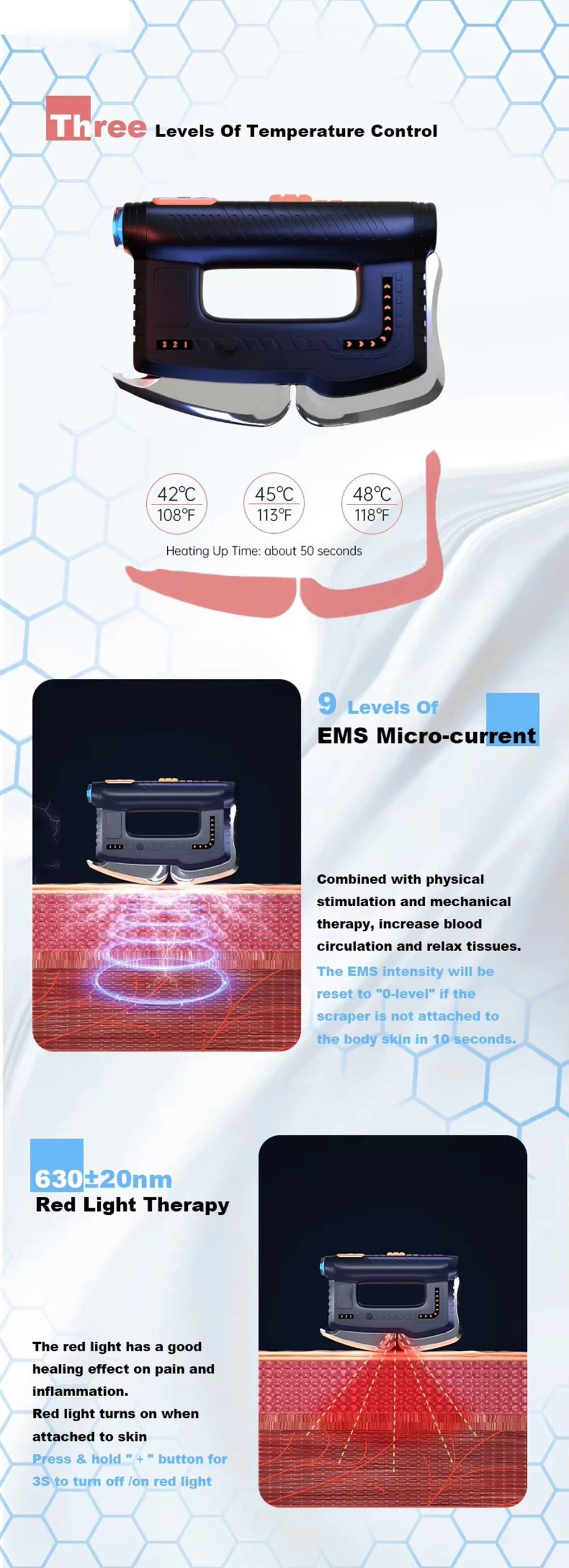 Fascia Gun Gua Sha Scraping Myofascial Massage Machine EMS Red Light Therapy Heated Muscle Scraper with Heating Back Massager