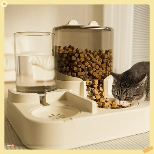 8R 1Automatic Cat Feeder & Water Fountain Set - Food Grade Plastic - for Cats & Dogs - Gravity Feed Design