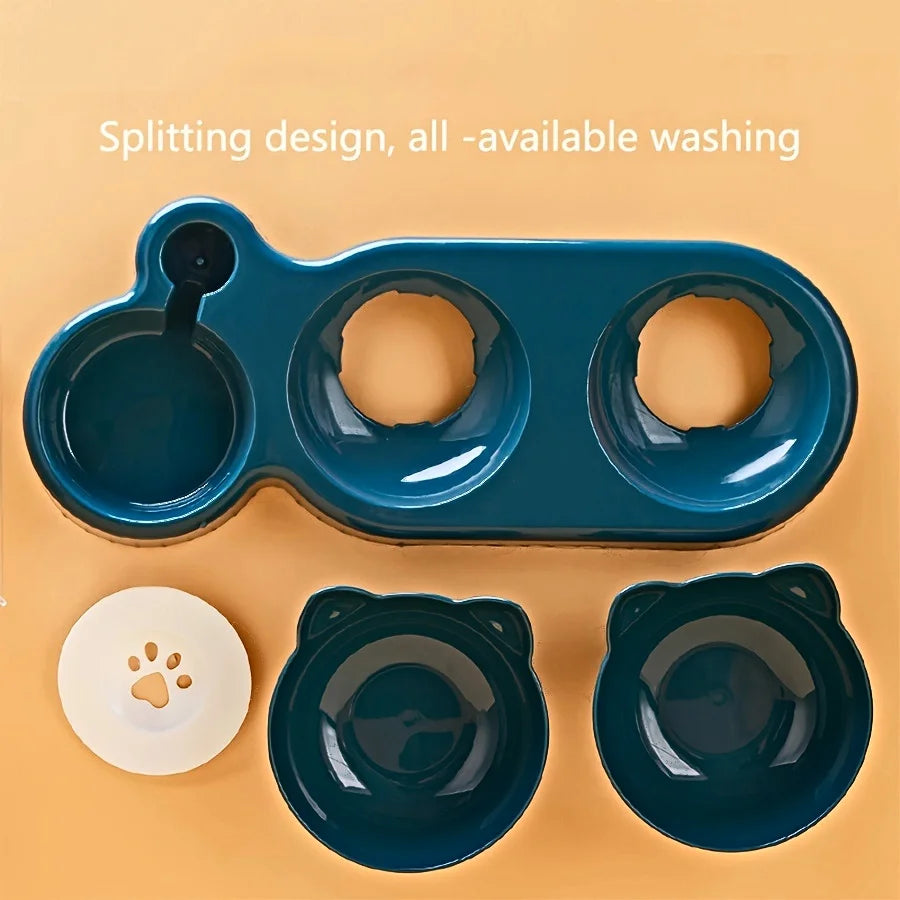 Pet Bowls With Water Feeder, 3 In 1 Ear Design Tilted Cat Water And Food Bowl Set With AGravity Water Bottle For Neck Protection