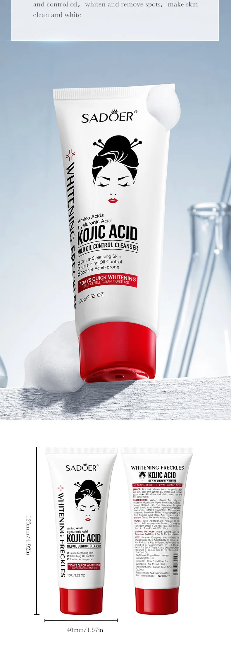 SADOER Kojic Acid Facial Cleanser Face Wash Foam Facial Cleansing Mossee Moisturizing Brightening Facial Skin Care Products