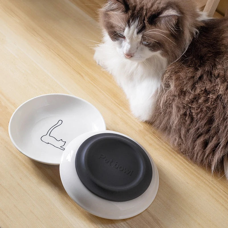 Ceramic Cat Food and Snack Bowl; Anti-Slip Silicone Pad; Cute Kitten Pet Supplies; Practical Pet Bowl
