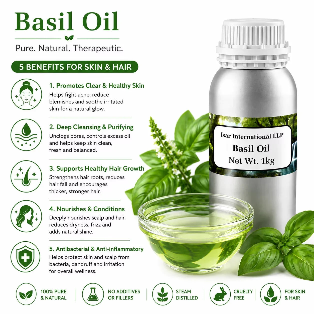 Wholesale High Quality Basil Essential Oil 100% Pure & Natural Basil Oil for Aromatherapy Scalp Nourishing & Skin Care